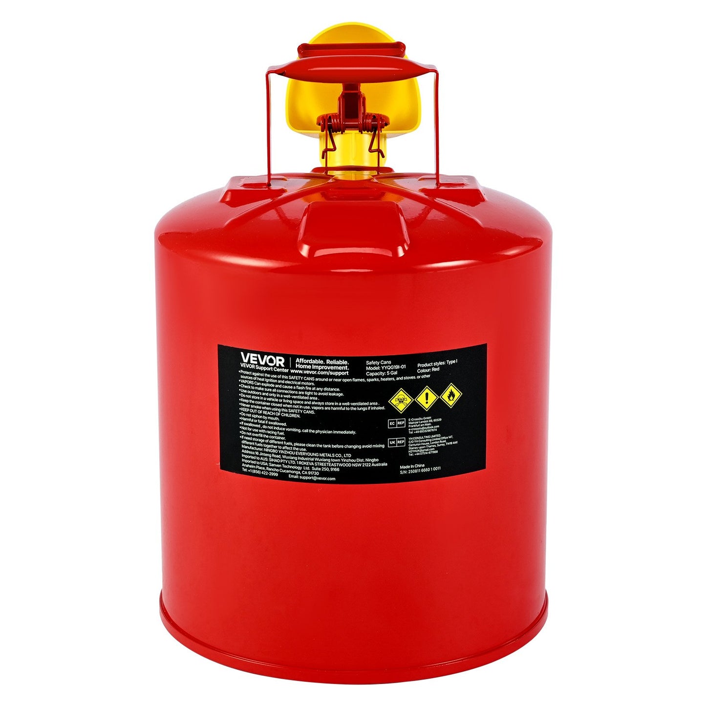 Safety Gas Can, 5 Gallon Type I Red Safety Can for Gasoline with Stainless Steel Flame Arrester, Self-Closing Lid, and PE Funnel, Carbon Steel Flammable Storage Container with Ergonomic Handle