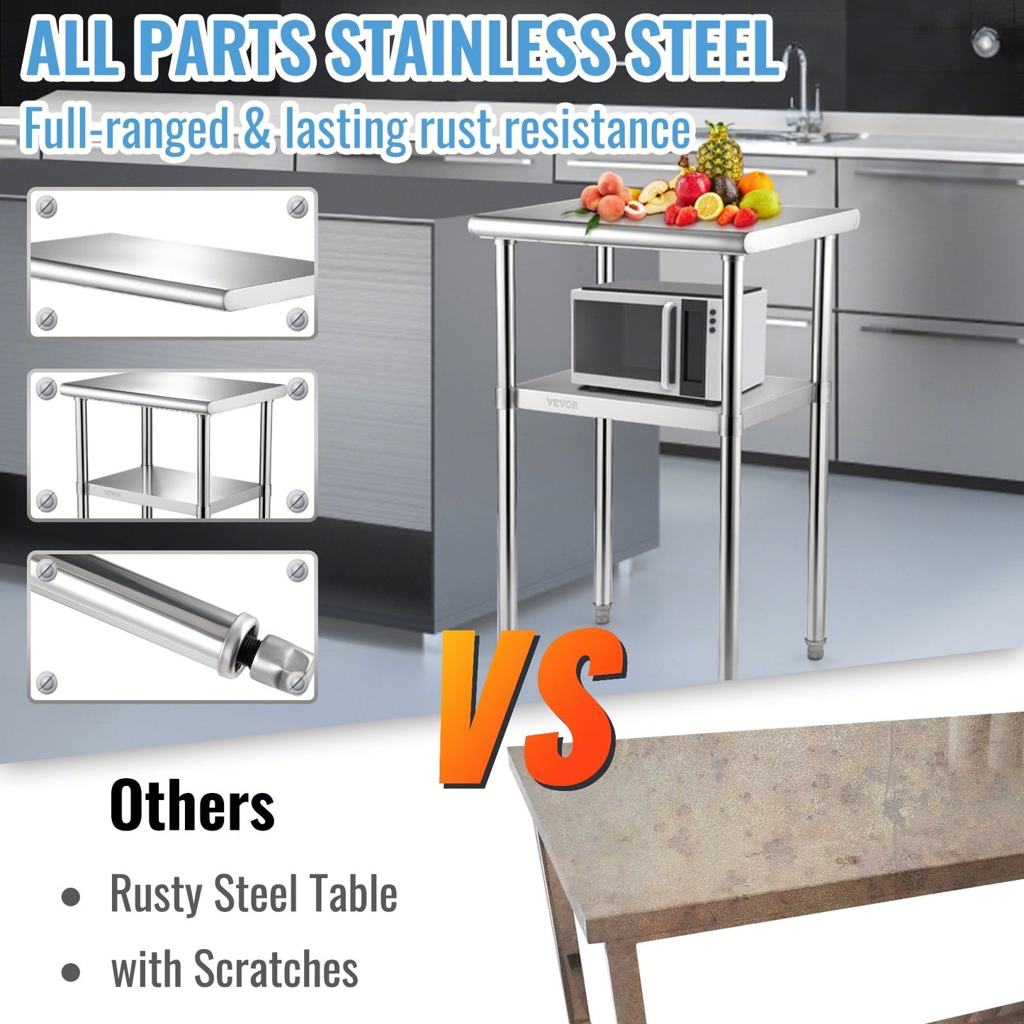 Stainless Steel Prep Table, 24 x 18 x 36 Inch, 600lbs Load Capacity Heavy Duty Metal Worktable with Adjustable Undershelf & Feet, Commercial Workstation for Kitchen Restaurant Garage Backyard