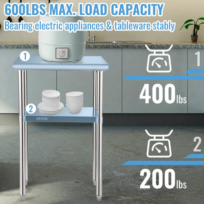 Stainless Steel Prep Table, 24 x 18 x 36 Inch, 600lbs Load Capacity Heavy Duty Metal Worktable with Adjustable Undershelf & Feet, Commercial Workstation for Kitchen Restaurant Garage Backyard