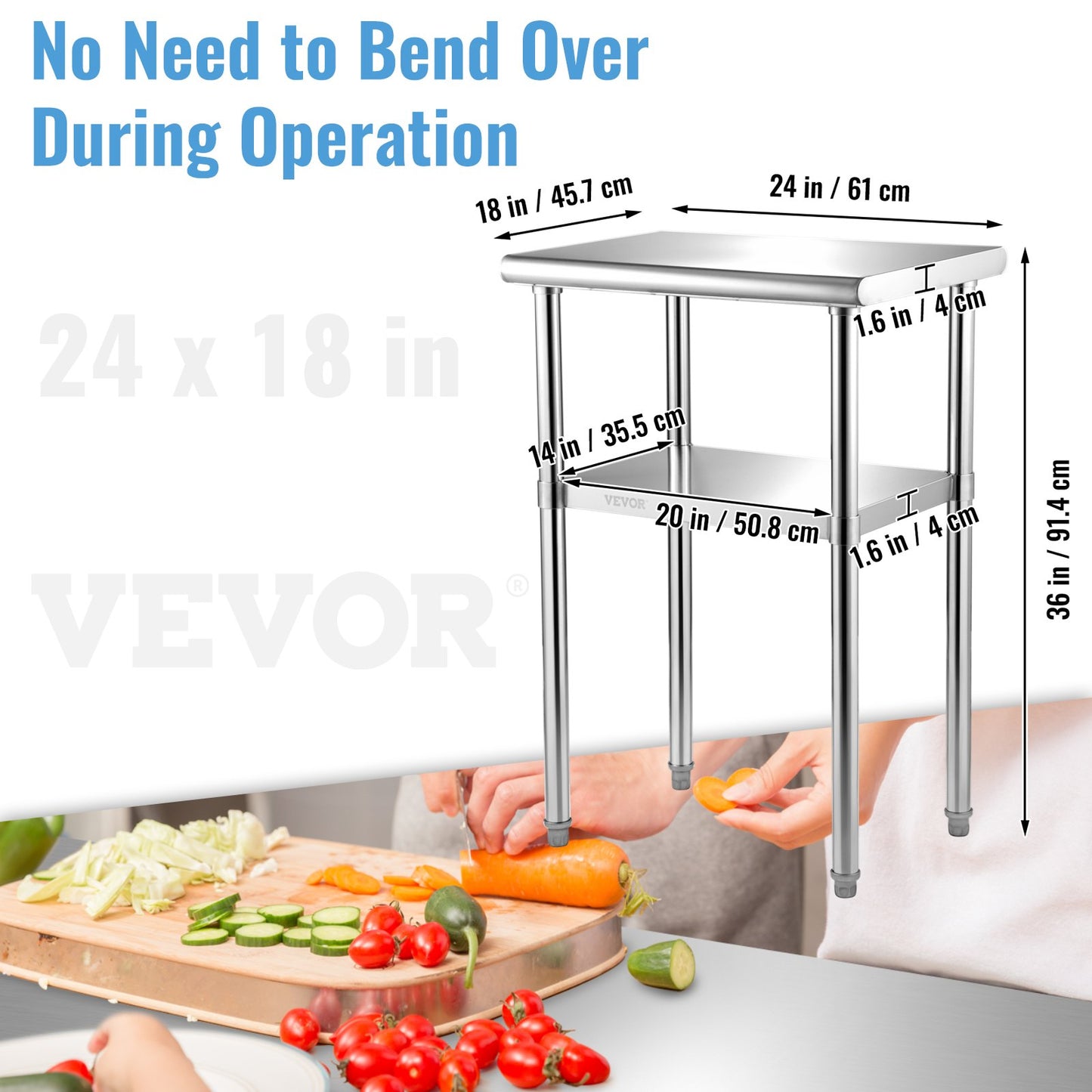 Stainless Steel Prep Table, 24 x 18 x 36 Inch, 600lbs Load Capacity Heavy Duty Metal Worktable with Adjustable Undershelf & Feet, Commercial Workstation for Kitchen Restaurant Garage Backyard