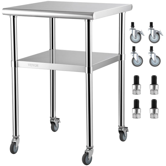 Stainless Steel Prep Table, 24 x 24 x 36 Inch, 600 lbs Load Capacity Heavy Duty Metal Work Table with Adjustable Bottom Shelf and Universal Casters, Commercial Workstation for Kitchen Garage