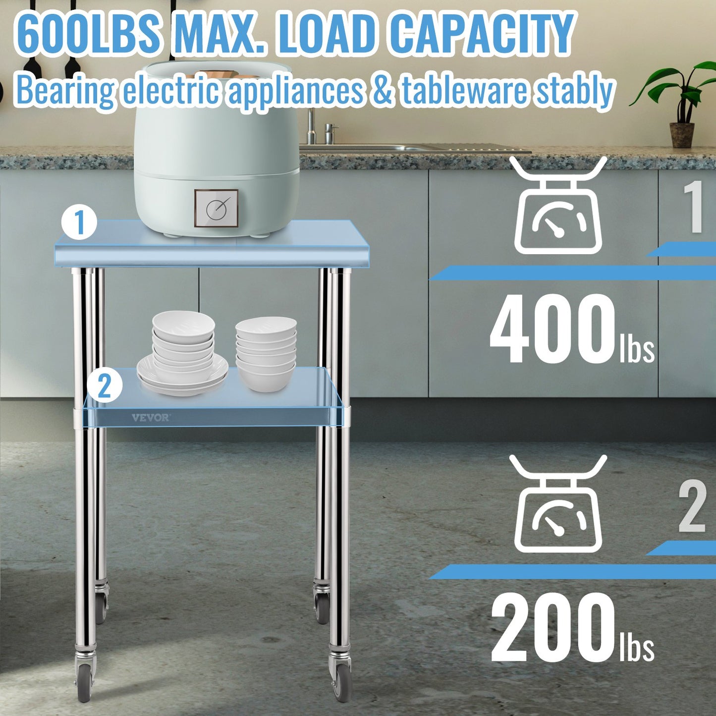 Mesa de preparación de acero inoxidable, 24 x 24 x 36 pulgadas, capacidad de carga de 600 libras, mesa de trabajo de metal resistente con estante inferior ajustable y ruedas universales, estació