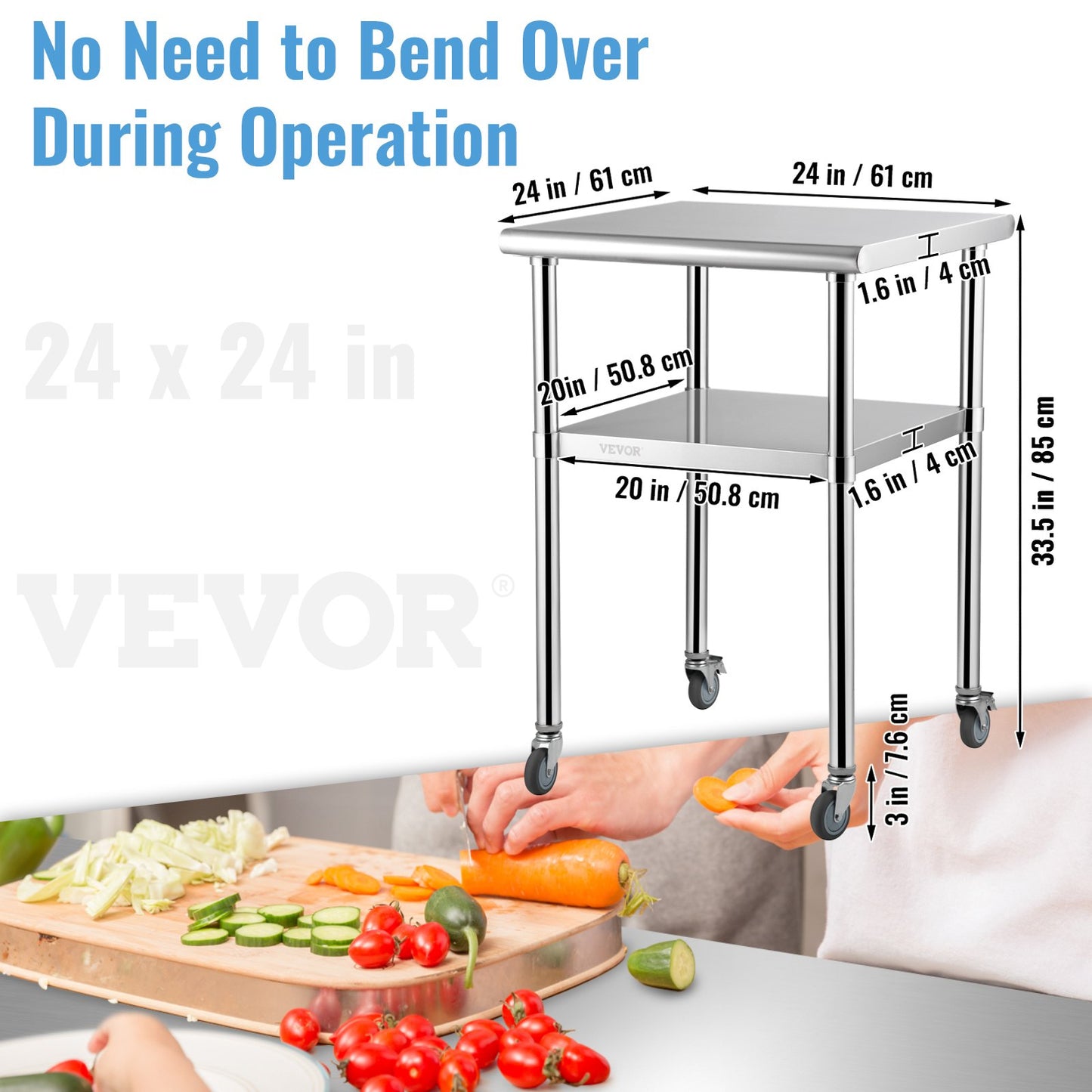 Mesa de preparación de acero inoxidable, 24 x 24 x 36 pulgadas, capacidad de carga de 600 libras, mesa de trabajo de metal resistente con estante inferior ajustable y ruedas universales, estació