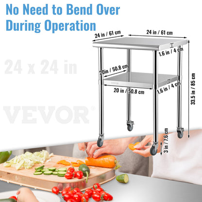 Mesa de preparación de acero inoxidable, 24 x 24 x 36 pulgadas, capacidad de carga de 600 libras, mesa de trabajo de metal resistente con estante inferior ajustable y ruedas universales, estació