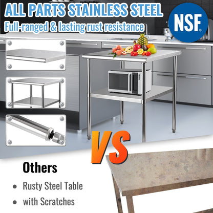Stainless Steel Prep Table, 30 x 30 x 36 inches, 800 lbs Load Capacity Heavy Duty Metal Work Table with Adjustable Bottom Shelf and Feet, Commercial Workstation for Kitchen Garage Restaurant Backyard