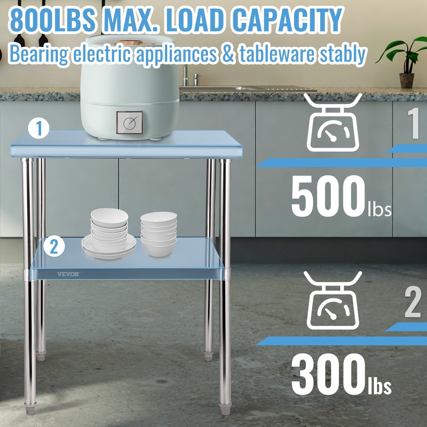 Stainless Steel Prep Table, 30 x 30 x 36 inches, 800 lbs Load Capacity Heavy Duty Metal Work Table with Adjustable Bottom Shelf and Feet, Commercial Workstation for Kitchen Garage Restaurant Backyard