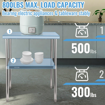 Stainless Steel Prep Table, 30 x 30 x 36 inches, 800 lbs Load Capacity Heavy Duty Metal Work Table with Adjustable Bottom Shelf and Feet, Commercial Workstation for Kitchen Garage Restaurant Backyard