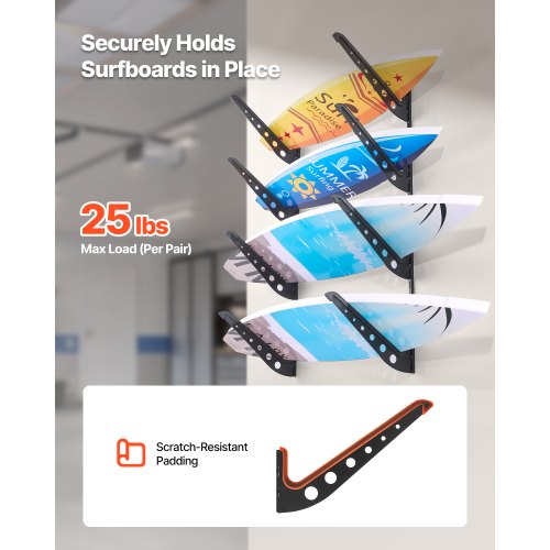 Väggmontering för surfbräda, 4 nivåer horisontellt surfbrädeställ för förvaring och visning, justerbar höjd metallbrädeställ, surfbrädehållare för snowboards, kiteboards, shortboard, skidor |  EU