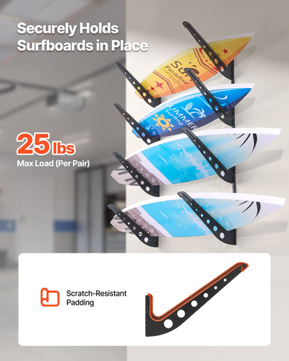 Surfboard Wall Mount, 4 Tiers Horizontal Surfboard Rack for Storage and Display, Adjustable Height Metal Board Stand Organizer, Surf Board Holder for Snowboards, Kiteboards, Shortboard, Skis