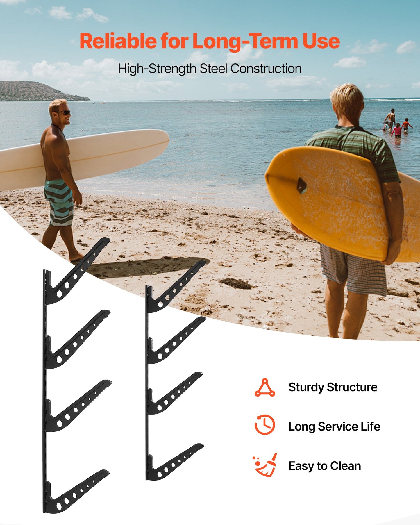 Surfboard Wall Mount, 4 Tiers Horizontal Surfboard Rack for Storage and Display, Adjustable Height Metal Board Stand Organizer, Surf Board Holder for Snowboards, Kiteboards, Shortboard, Skis