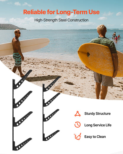 Surfboard Wall Mount, 4 Tiers Horizontal Surfboard Rack for Storage and Display, Adjustable Height Metal Board Stand Organizer, Surf Board Holder for Snowboards, Kiteboards, Shortboard, Skis