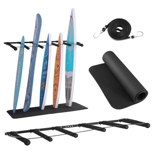 Surfboard Wall Mount, 5 Tiers Vertical Surfboard Rack for Storage and Display, Adjustable Metal Board Stand Organizer with Sponge Pad, Surf Board Holder for Snowboards, Kiteboards, Shortboard