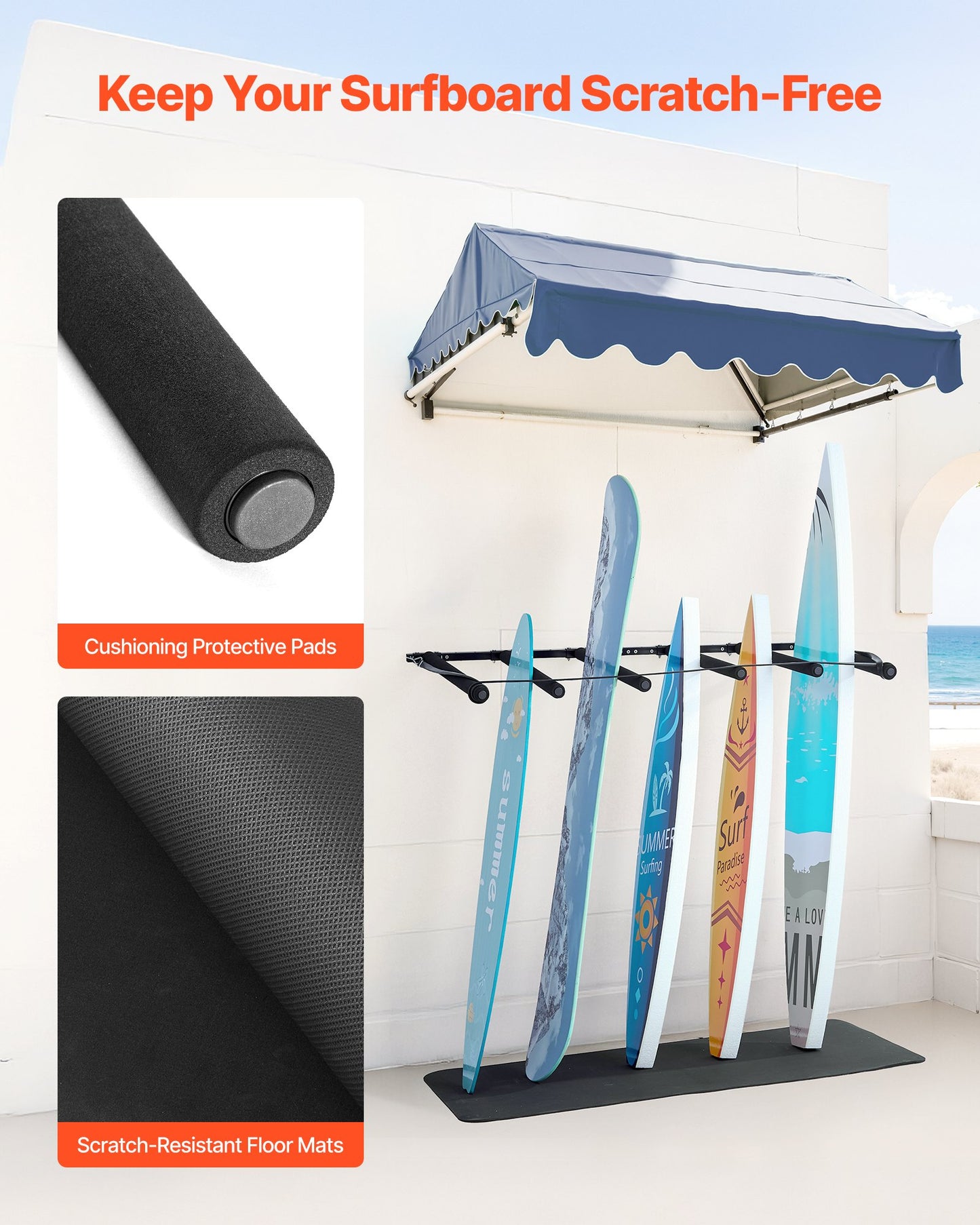 Surfboard Wall Mount, 5 Tiers Vertical Surfboard Rack for Storage and Display, Adjustable Metal Board Stand Organizer with Sponge Pad, Surf Board Holder for Snowboards, Kiteboards, Shortboard