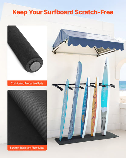 Surfboard Wall Mount, 5 Tiers Vertical Surfboard Rack for Storage and Display, Adjustable Metal Board Stand Organizer with Sponge Pad, Surf Board Holder for Snowboards, Kiteboards, Shortboard