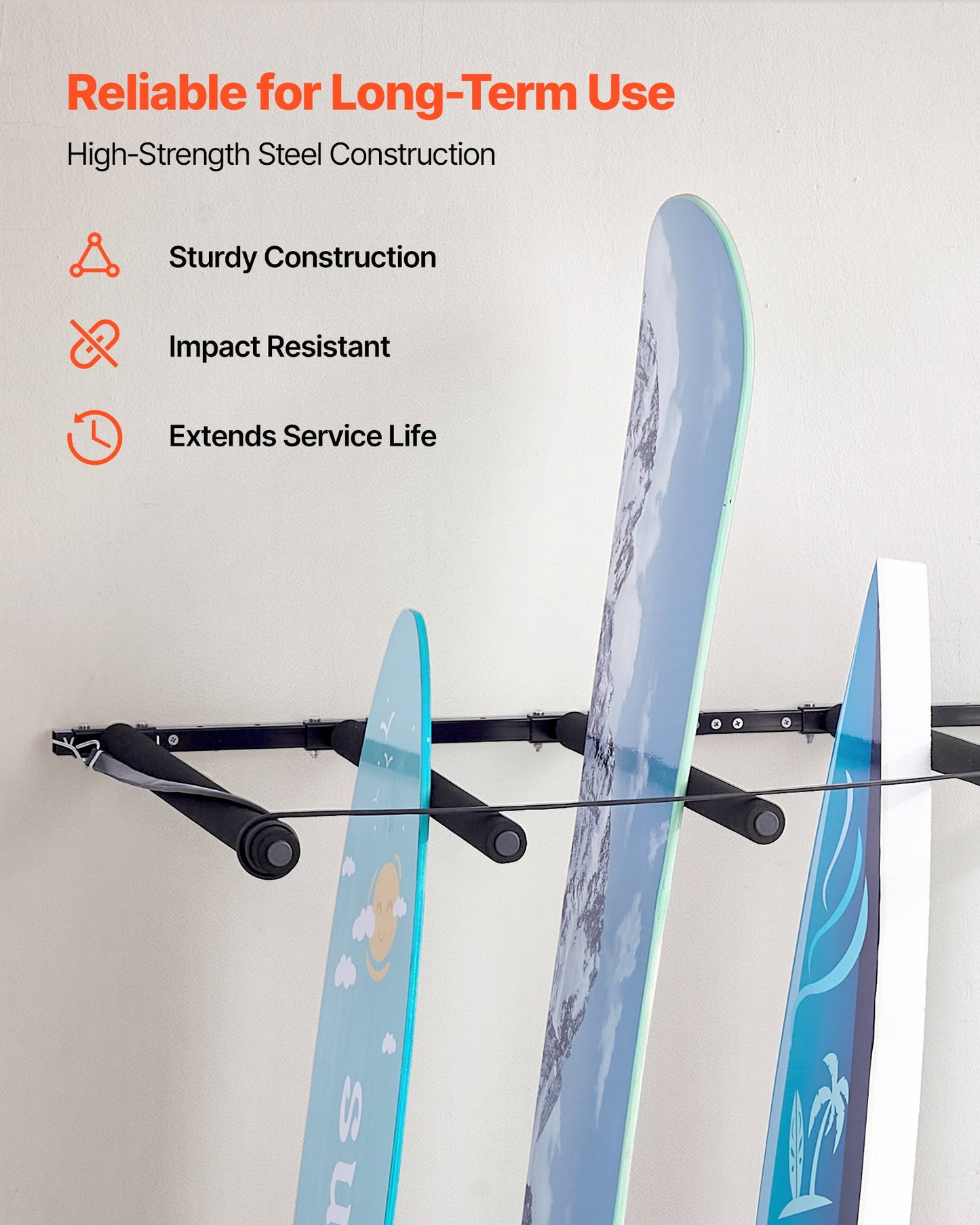 Surfboard Wall Mount, 5 Tiers Vertical Surfboard Rack for Storage and Display, Adjustable Metal Board Stand Organizer with Sponge Pad, Surf Board Holder for Snowboards, Kiteboards, Shortboard
