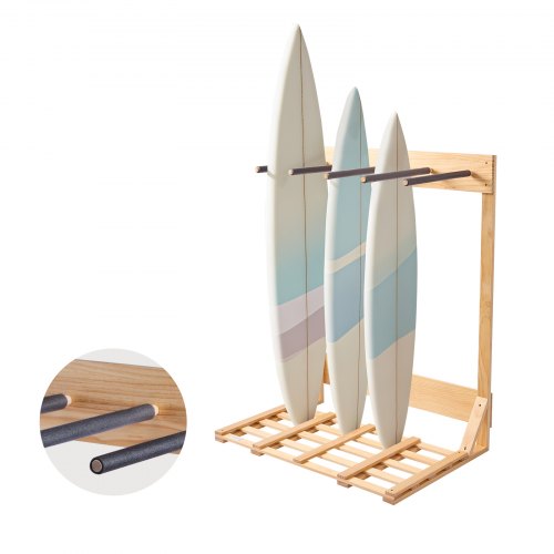Vertical Surfboard Stand, 4 Tiers Wooden Surfboard Rack for Storage and Display, Freestanding Board Stand Organizer, Surf Board Holder for Wakeboards, Snowboards, Kiteboards, Shortboard, Skis