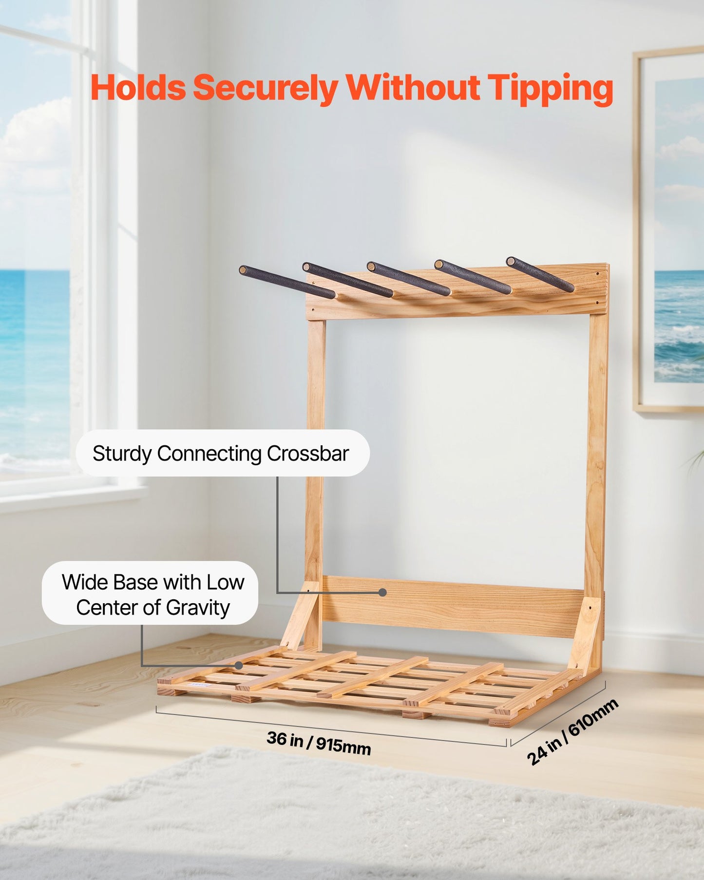 Vertical Surfboard Stand, 4 Tiers Wooden Surfboard Rack for Storage and Display, Freestanding Board Stand Organizer, Surf Board Holder for Wakeboards, Snowboards, Kiteboards, Shortboard, Skis