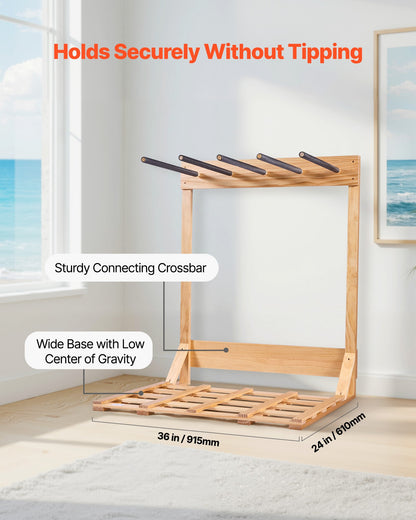 Vertical Surfboard Stand, 4 Tiers Wooden Surfboard Rack for Storage and Display, Freestanding Board Stand Organizer, Surf Board Holder for Wakeboards, Snowboards, Kiteboards, Shortboard, Skis
