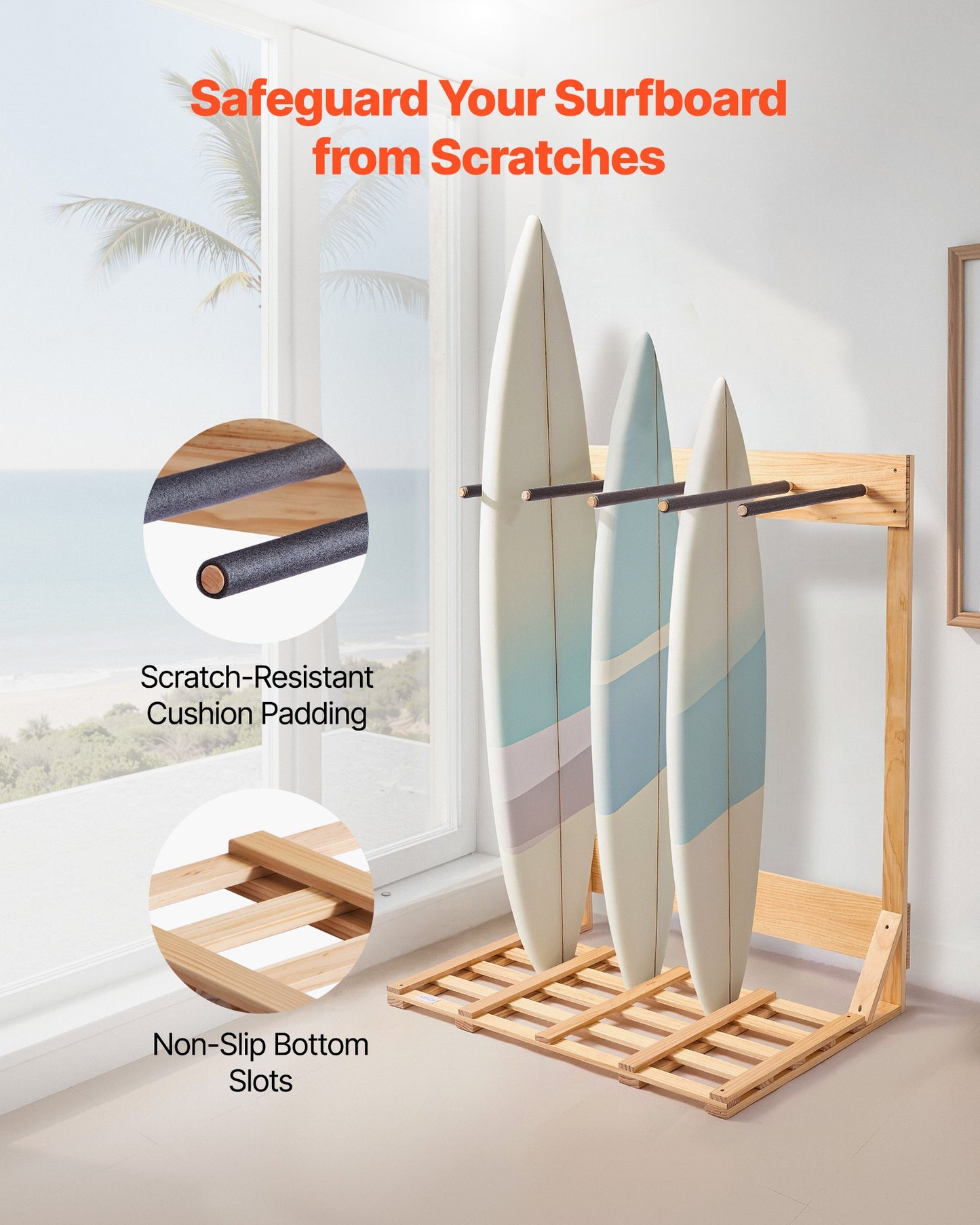 Vertical Surfboard Stand, 4 Tiers Wooden Surfboard Rack for Storage and Display, Freestanding Board Stand Organizer, Surf Board Holder for Wakeboards, Snowboards, Kiteboards, Shortboard, Skis