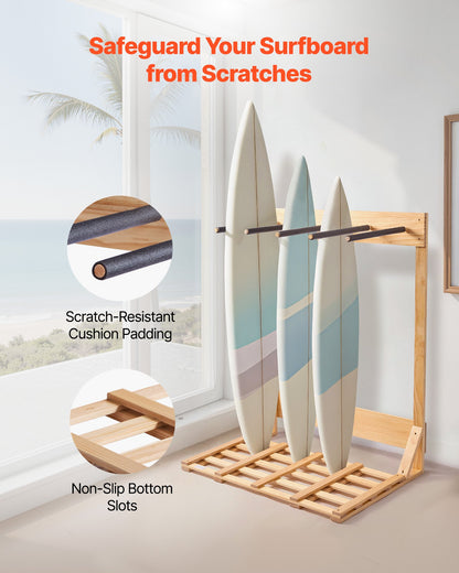 Vertical Surfboard Stand, 4 Tiers Wooden Surfboard Rack for Storage and Display, Freestanding Board Stand Organizer, Surf Board Holder for Wakeboards, Snowboards, Kiteboards, Shortboard, Skis