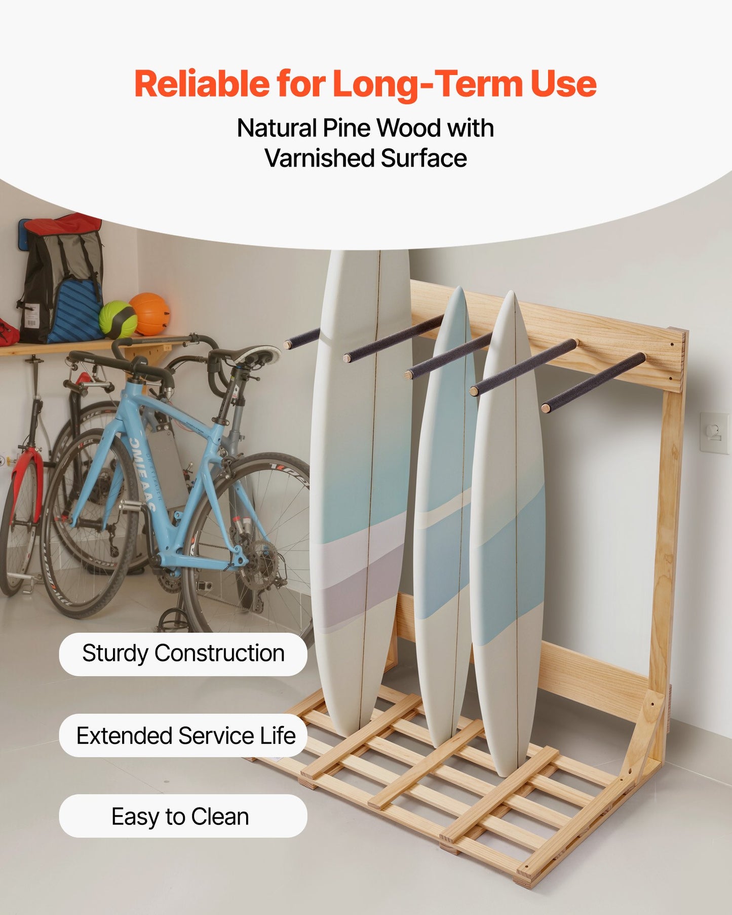 Vertical Surfboard Stand, 4 Tiers Wooden Surfboard Rack for Storage and Display, Freestanding Board Stand Organizer, Surf Board Holder for Wakeboards, Snowboards, Kiteboards, Shortboard, Skis