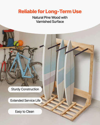 Vertical Surfboard Stand, 4 Tiers Wooden Surfboard Rack for Storage and Display, Freestanding Board Stand Organizer, Surf Board Holder for Wakeboards, Snowboards, Kiteboards, Shortboard, Skis