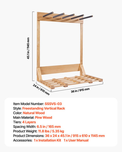 Vertical Surfboard Stand, 4 Tiers Wooden Surfboard Rack for Storage and Display, Freestanding Board Stand Organizer, Surf Board Holder for Wakeboards, Snowboards, Kiteboards, Shortboard, Skis