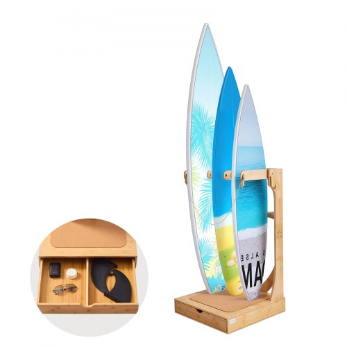 Vertical Surfboard Stand, 3 Tiers Wooden Surfboard Rack for Storage and Display, Freestanding Board Stand Organizer with Hanging Hooks & Cork Padding, for Wakeboards, Snowboards, Kiteboards