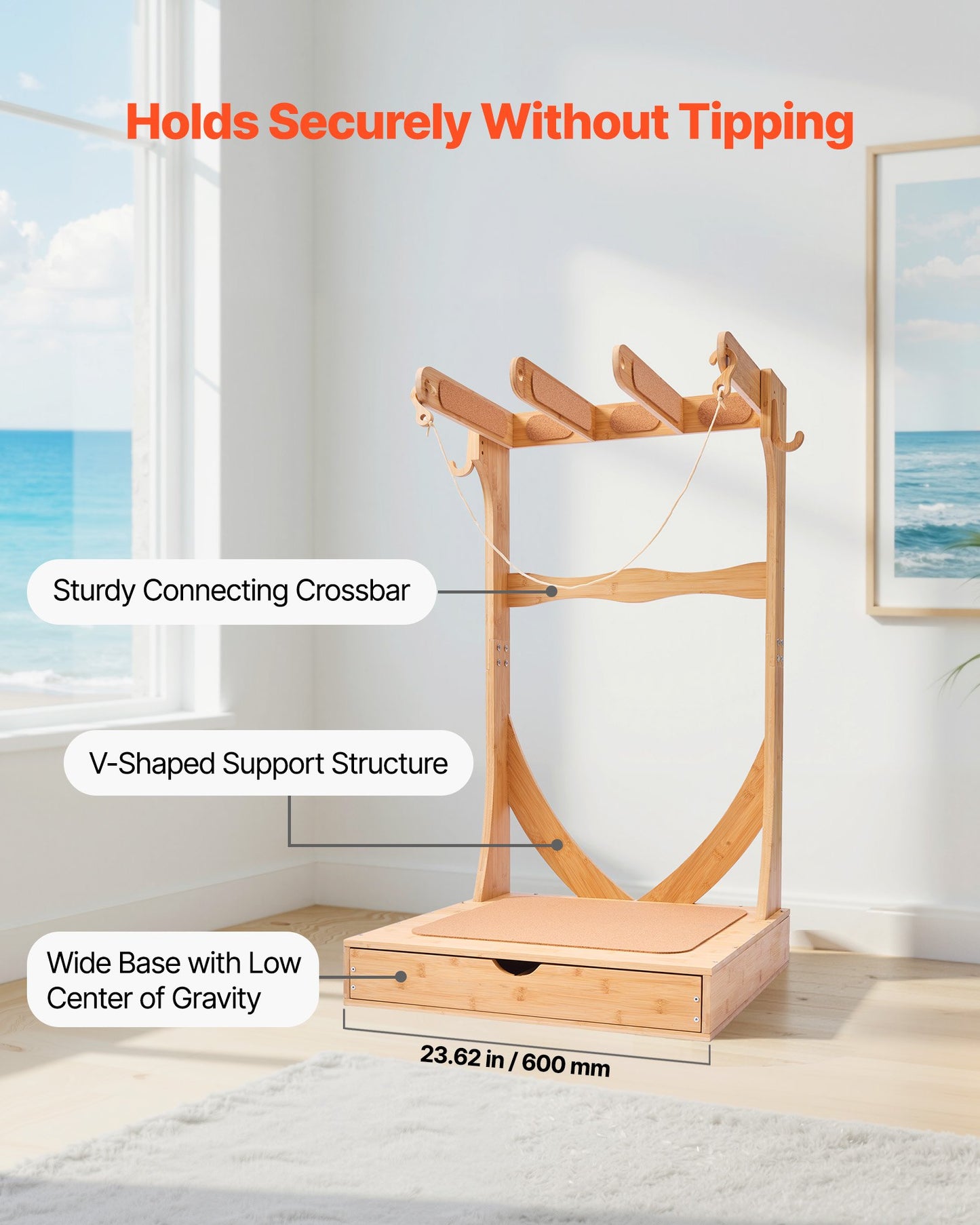 Vertical Surfboard Stand, 3 Tiers Wooden Surfboard Rack for Storage and Display, Freestanding Board Stand Organizer with Hanging Hooks & Cork Padding, for Wakeboards, Snowboards, Kiteboards