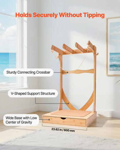 Vertical Surfboard Stand, 3 Tiers Wooden Surfboard Rack for Storage and Display, Freestanding Board Stand Organizer with Hanging Hooks & Cork Padding, for Wakeboards, Snowboards, Kiteboards