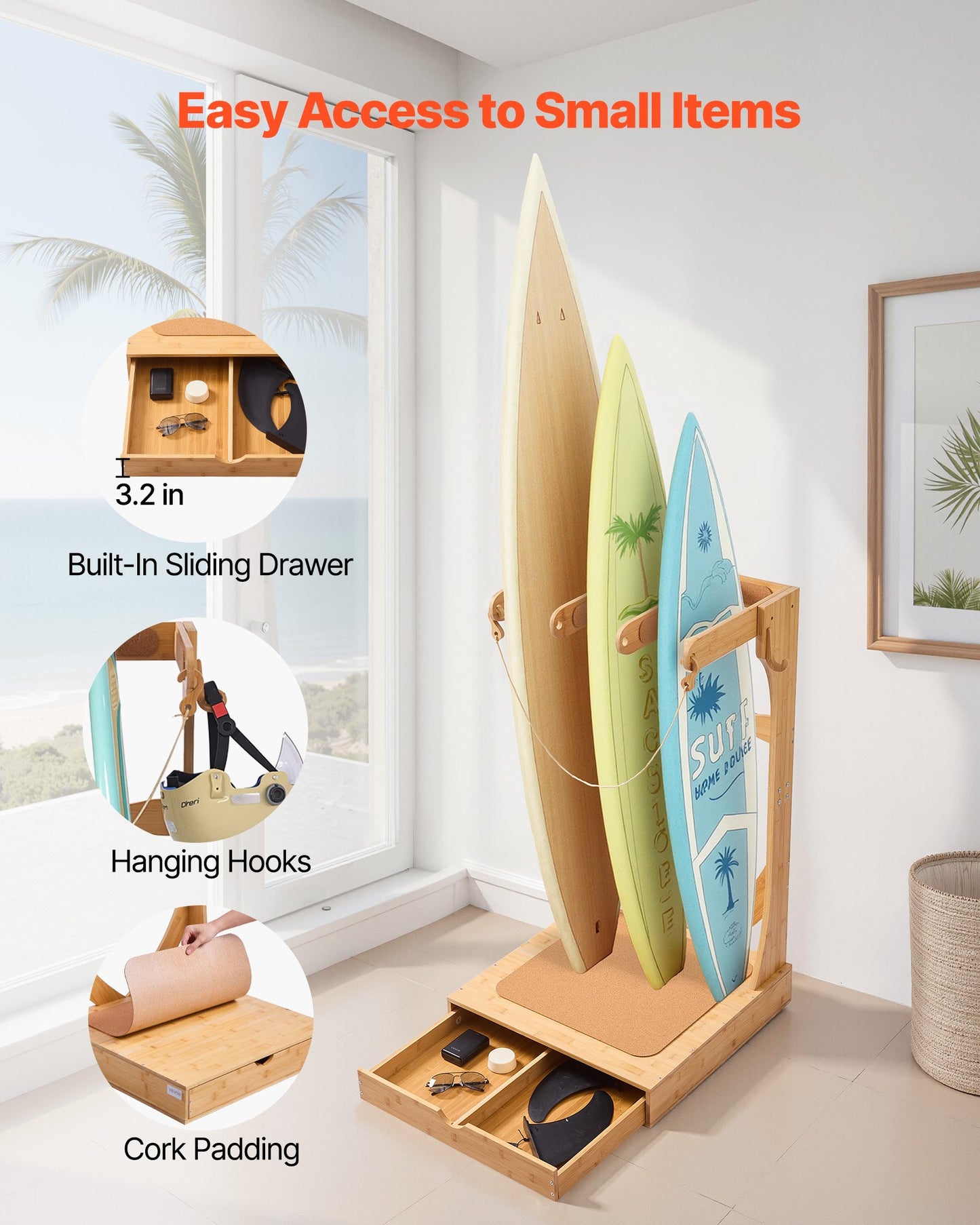 Vertical Surfboard Stand, 3 Tiers Wooden Surfboard Rack for Storage and Display, Freestanding Board Stand Organizer with Hanging Hooks & Cork Padding, for Wakeboards, Snowboards, Kiteboards