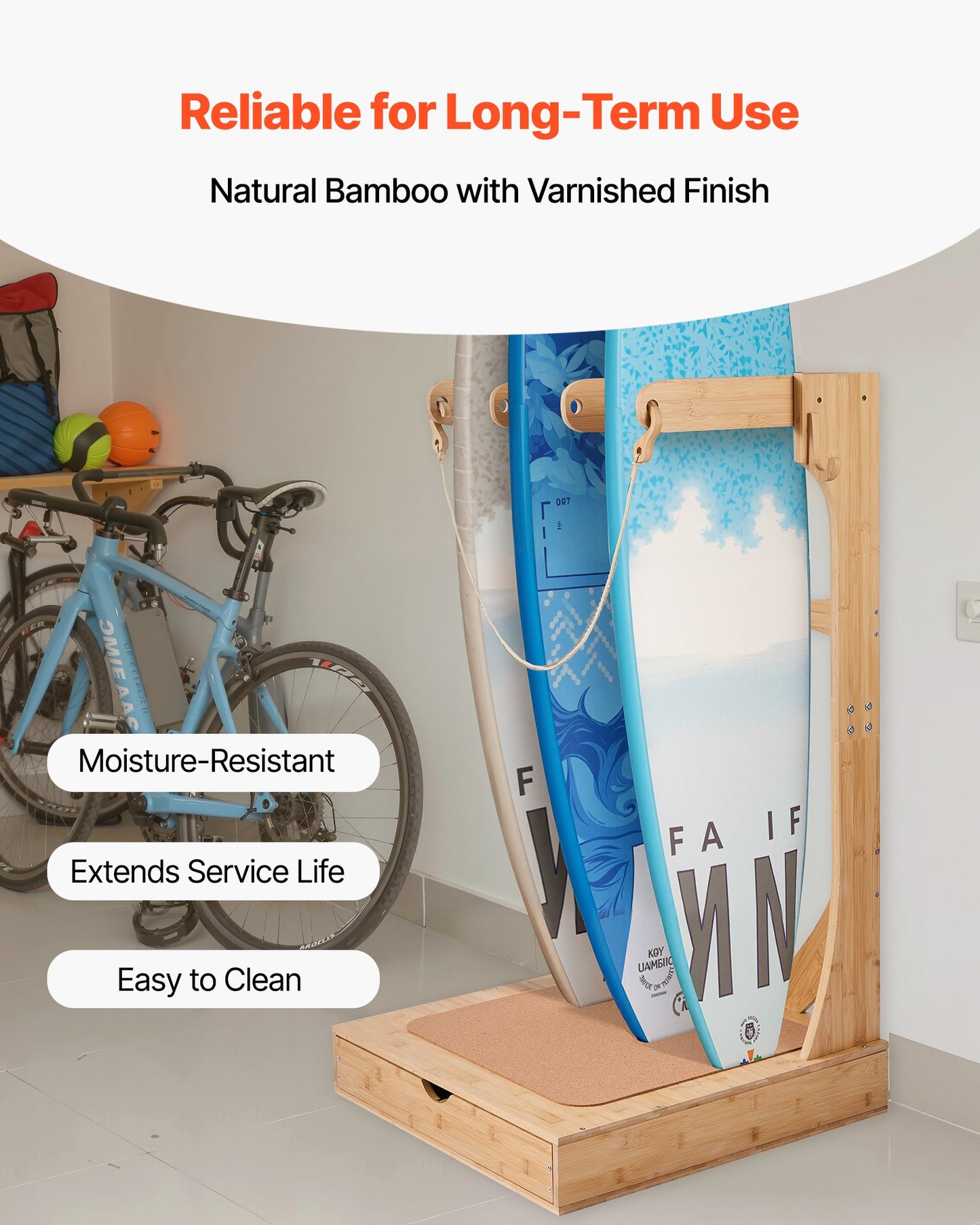 Vertical Surfboard Stand, 3 Tiers Wooden Surfboard Rack for Storage and Display, Freestanding Board Stand Organizer with Hanging Hooks & Cork Padding, for Wakeboards, Snowboards, Kiteboards