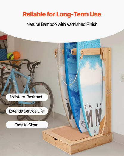 Vertical Surfboard Stand, 3 Tiers Wooden Surfboard Rack for Storage and Display, Freestanding Board Stand Organizer with Hanging Hooks & Cork Padding, for Wakeboards, Snowboards, Kiteboards