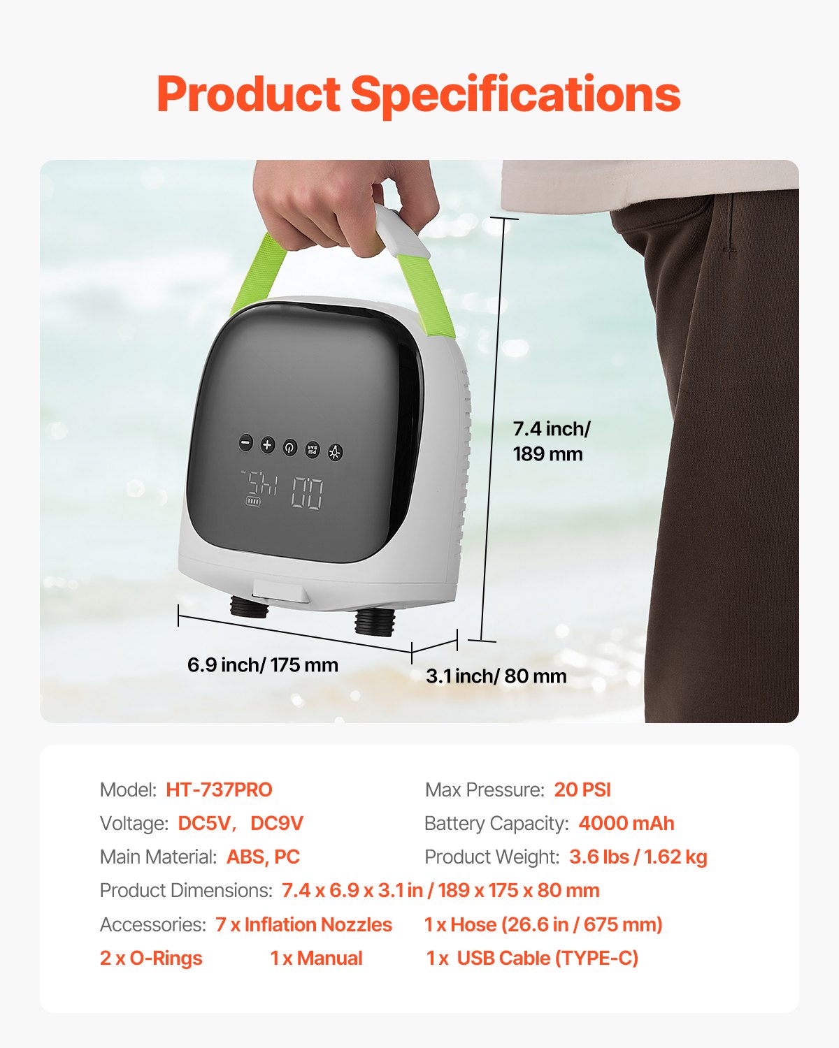 Paddle Board Pump, 20PSI High Pressure, Rechargeable Battery-Powered, Dual Stage Electric SUP Air Pump with Auto-Off and Deflation Function, Ideal for Inflatable Paddle Board, Tent and Mattress