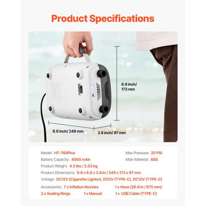 Paddleboard-Pumpe, wiederaufladbare, batteriebetriebene 20-PSI-Doppelstufen-SUP-Pumpe