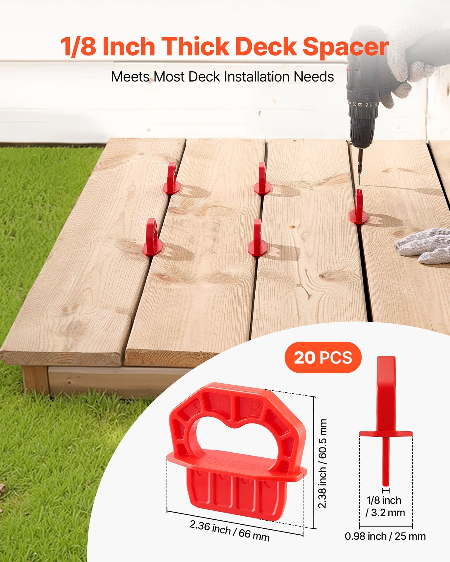 20-Pack 1/8 Inch Deck Board Spacers, Bright Red Gap Jig Rings for Easily Spotting, Easy Pull, ABS Decking Jig Spacing Tool for Composite, PVC, Hardwood, Pressure-Treated Planks, Terrace, Garden