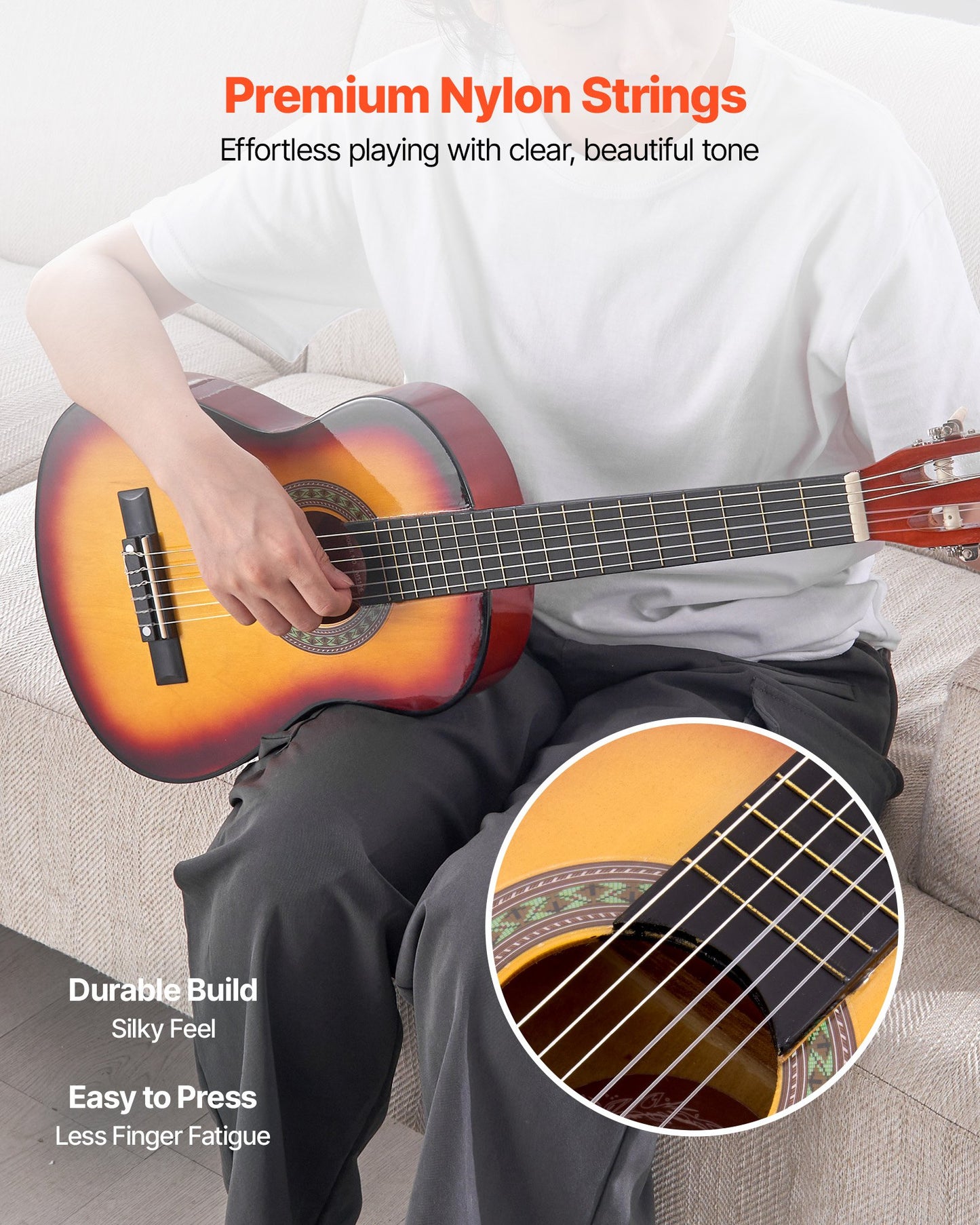Classical Guitar, 30 Inch, Wood Classical Guitar Starter Kit for Beginners, with Nylon Strings, Gig Bag, Strap, Tuner, Extra Strings, Pick, Capo, Basswood, for Kids Girls Boys Students, Sunburst