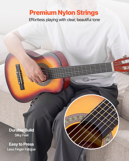Classical Guitar, 30 Inch, Wood Classical Guitar Starter Kit for Beginners, with Nylon Strings, Gig Bag, Strap, Tuner, Extra Strings, Pick, Capo, Basswood, for Kids Girls Boys Students, Sunburst
