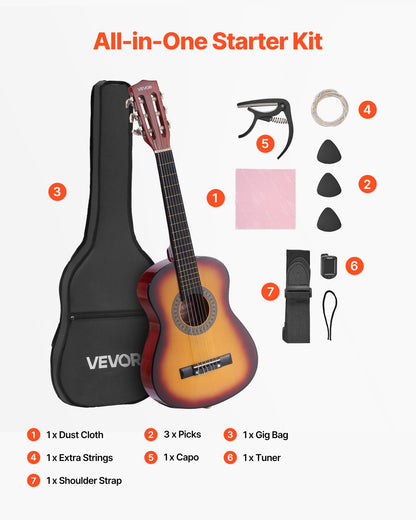 Classical Guitar, 30 Inch, Wood Classical Guitar Starter Kit for Beginners, with Nylon Strings, Gig Bag, Strap, Tuner, Extra Strings, Pick, Capo, Basswood, for Kids Girls Boys Students, Sunburst