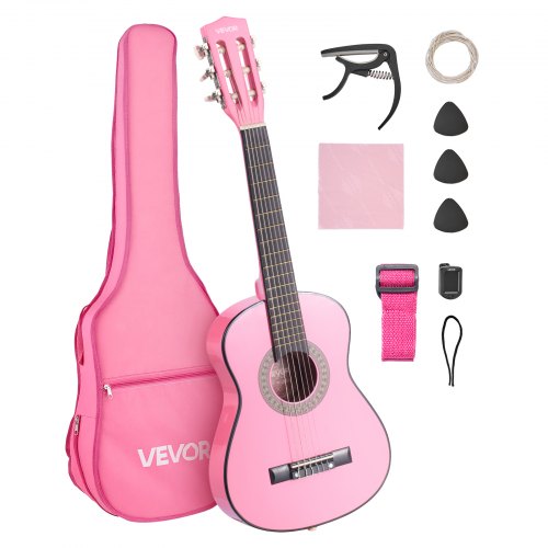 Classical Guitar, 30 Inch, Wood Classical Guitar Starter Kit for Beginners, with Nylon Strings, Gig Bag, Strap, Tuner, Extra Strings, Picks, Capo, Basswood, for Kids Girls Boys Students, Pink
