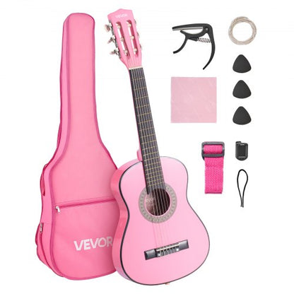 Classical Guitar, 30 Inch, Wood Classical Guitar Starter Kit for Beginners, with Nylon Strings, Gig Bag, Strap, Tuner, Extra Strings, Picks, Capo, Basswood, for Kids Girls Boys Students, Pink