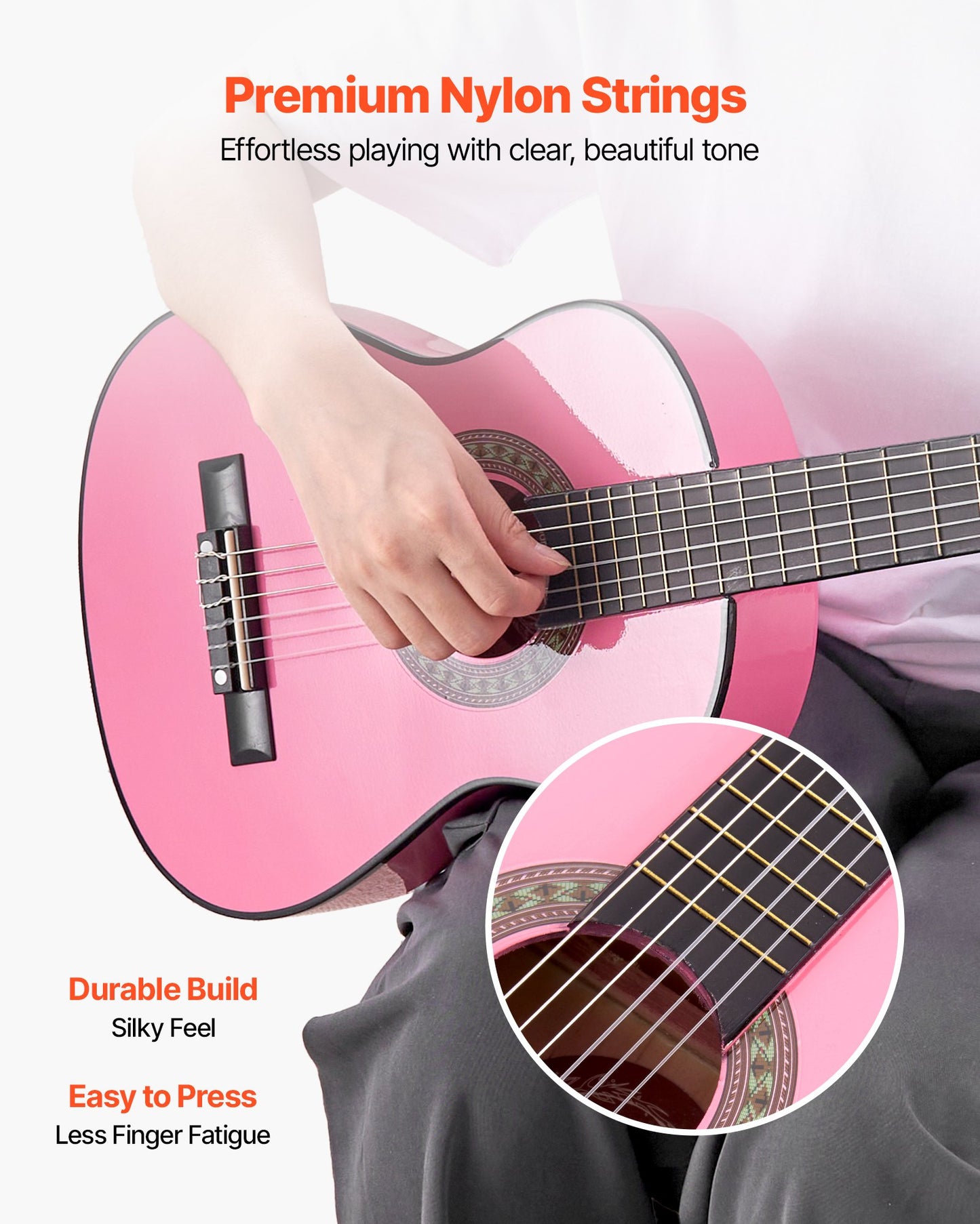 Classical Guitar, 30 Inch, Wood Classical Guitar Starter Kit for Beginners, with Nylon Strings, Gig Bag, Strap, Tuner, Extra Strings, Picks, Capo, Basswood, for Kids Girls Boys Students, Pink