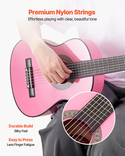 Classical Guitar, 30 Inch, Wood Classical Guitar Starter Kit for Beginners, with Nylon Strings, Gig Bag, Strap, Tuner, Extra Strings, Picks, Capo, Basswood, for Kids Girls Boys Students, Pink