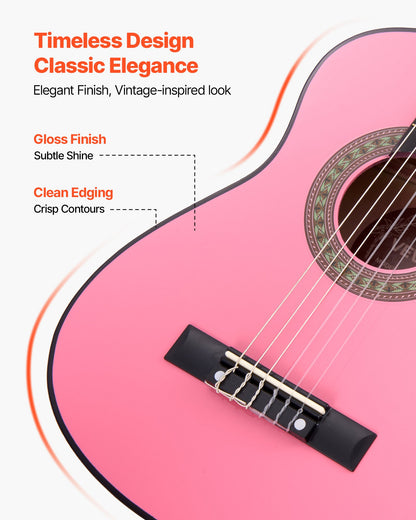 Classical Guitar, 30 Inch, Wood Classical Guitar Starter Kit for Beginners, with Nylon Strings, Gig Bag, Strap, Tuner, Extra Strings, Picks, Capo, Basswood, for Kids Girls Boys Students, Pink