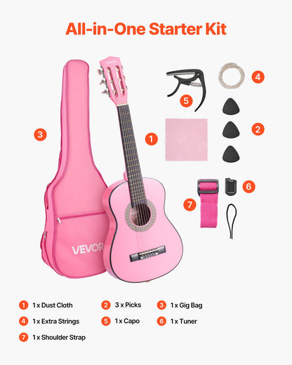 Classical Guitar, 30 Inch, Wood Classical Guitar Starter Kit for Beginners, with Nylon Strings, Gig Bag, Strap, Tuner, Extra Strings, Picks, Capo, Basswood, for Kids Girls Boys Students, Pink