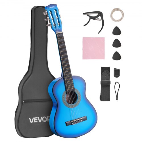 Classical Guitar, 30 Inch, Wood Classical Guitar Starter Kit for Beginners, with Nylon Strings, Gig Bag, Strap, Tuner, Extra Strings, Picks, Capo, Basswood, for Kids Girls Boys Students, Blue