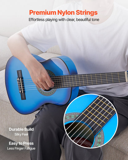 Classical Guitar, 30 Inch, Wood Classical Guitar Starter Kit for Beginners, with Nylon Strings, Gig Bag, Strap, Tuner, Extra Strings, Picks, Capo, Basswood, for Kids Girls Boys Students, Blue