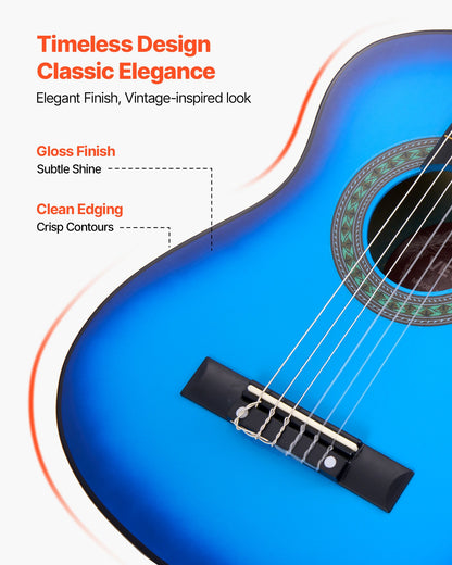 Classical Guitar, 30 Inch, Wood Classical Guitar Starter Kit for Beginners, with Nylon Strings, Gig Bag, Strap, Tuner, Extra Strings, Picks, Capo, Basswood, for Kids Girls Boys Students, Blue