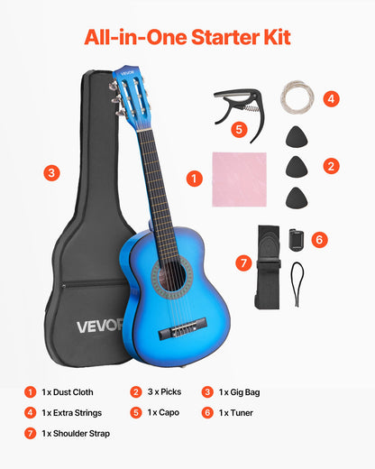 Classical Guitar, 30 Inch, Wood Classical Guitar Starter Kit for Beginners, with Nylon Strings, Gig Bag, Strap, Tuner, Extra Strings, Picks, Capo, Basswood, for Kids Girls Boys Students, Blue