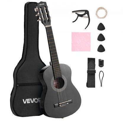 Classical Guitar, 30 Inch, Wood Classical Guitar Starter Kit for Beginners, with Nylon Strings, Gig Bag, Strap, Tuner, Extra Strings, Picks, Capo, Basswood, for Kids Girls Boys Students, Black